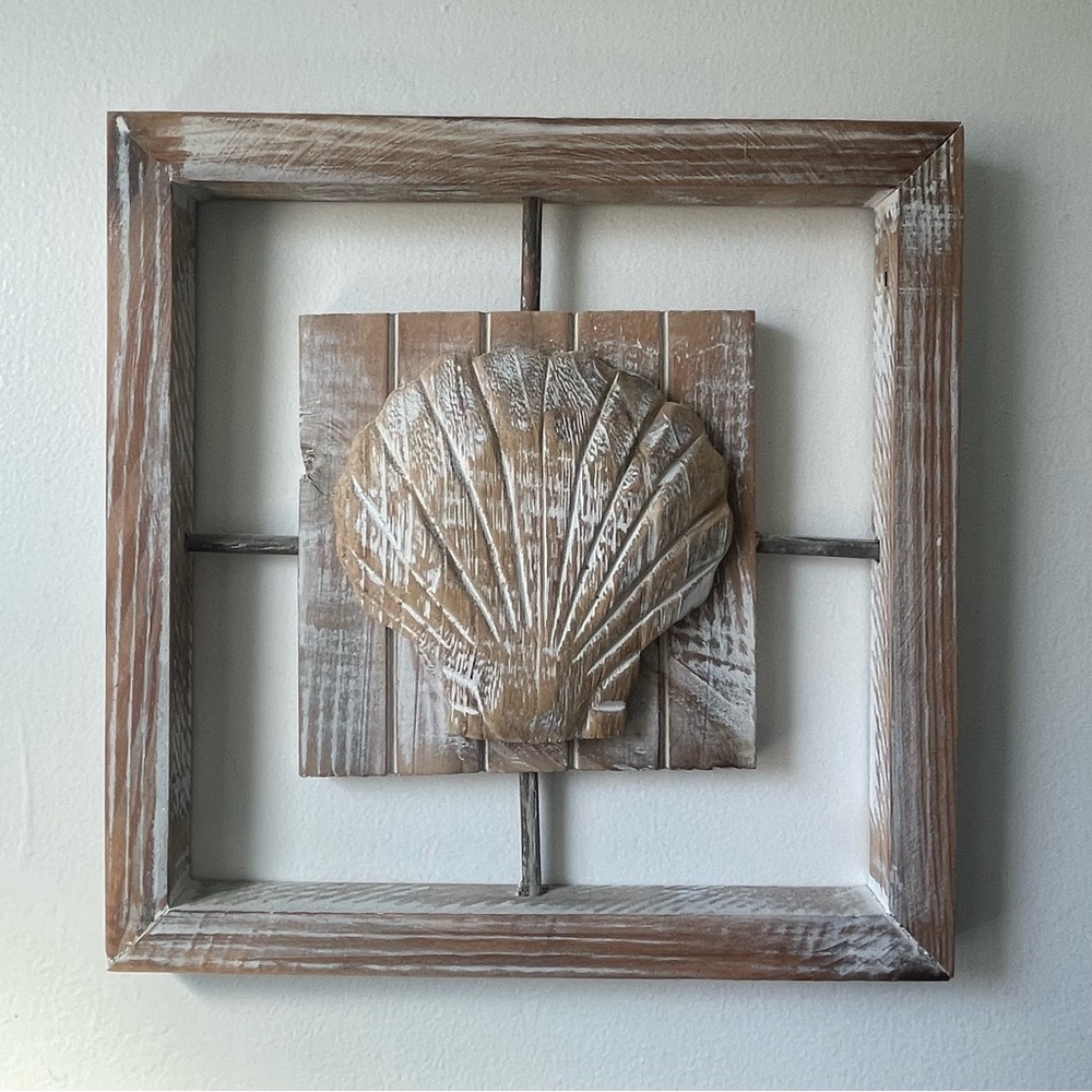 $10 SALE 2Pc Wooden Coastal Shell Wall Art Set Cream Tan Sea Ocean Nautical - Picture 3 of 7